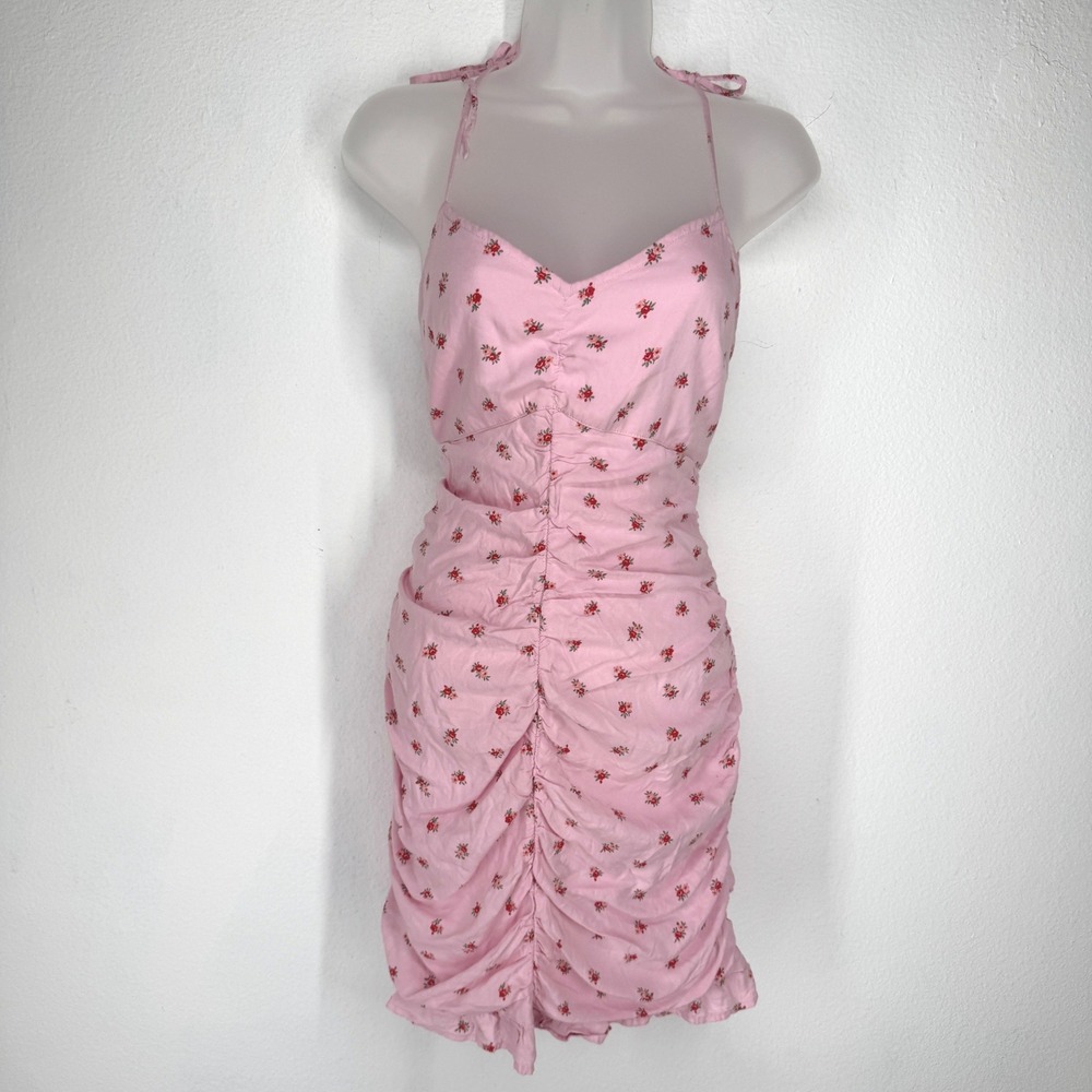 Hollister Women Pink Floral Ruched Bodycon Mini Dress Size M Halter Neck Smocked